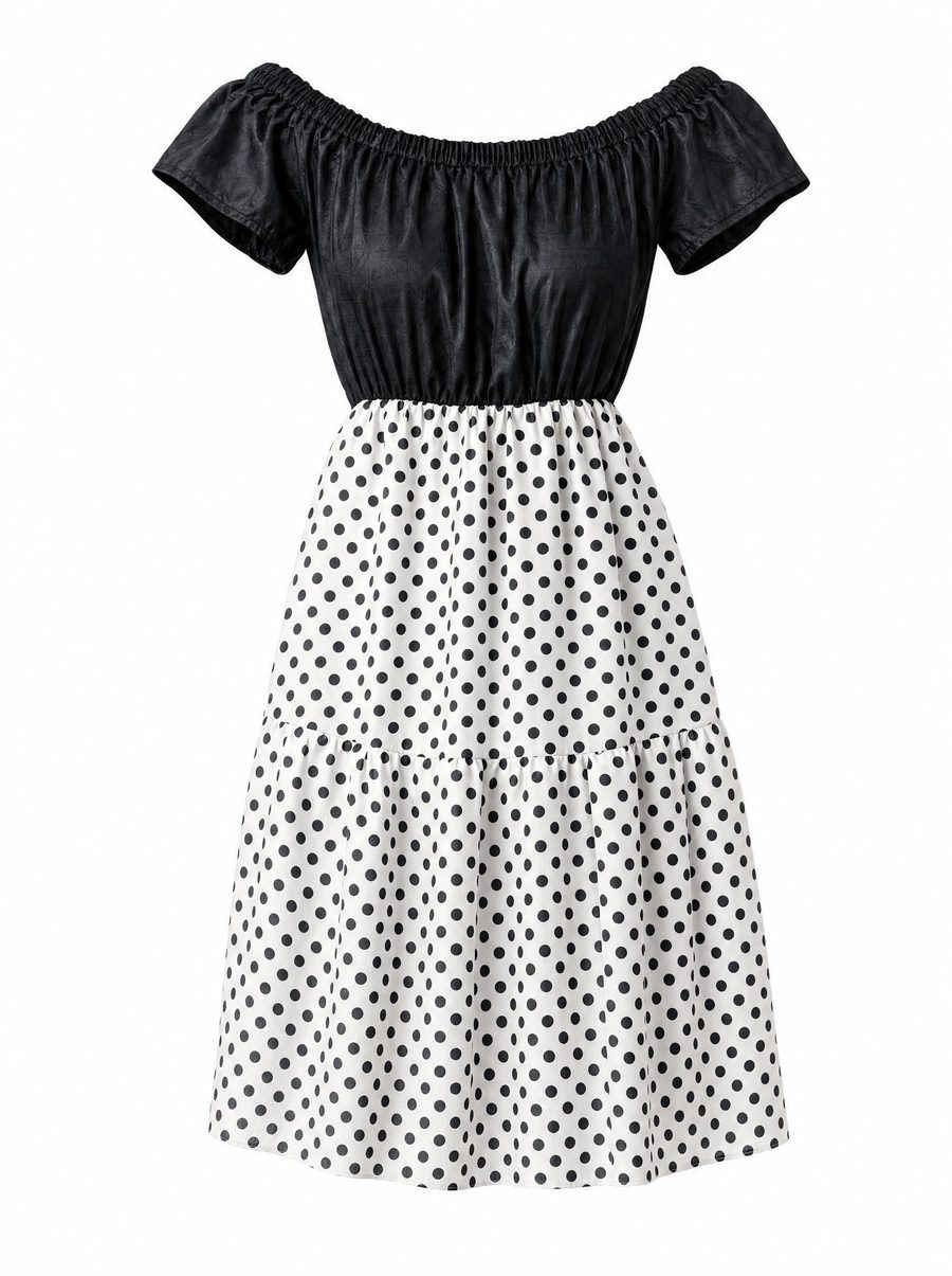 Dotty Off-Shoulder Dress, flat lay
