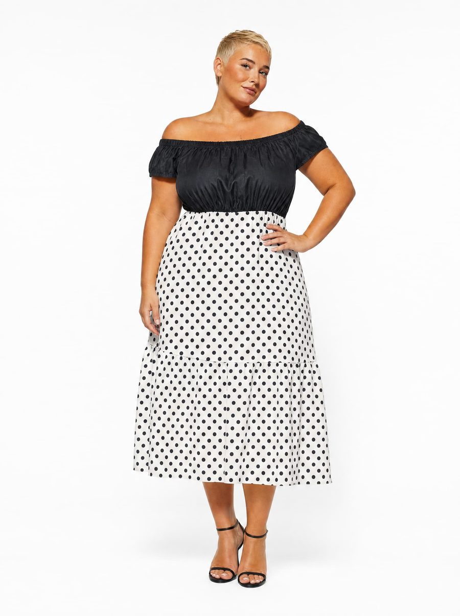 Dotty Off-Shoulder Dress, worn