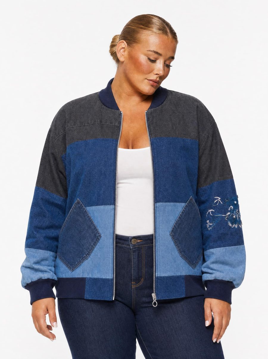 Ombré Denim Bomber, worn